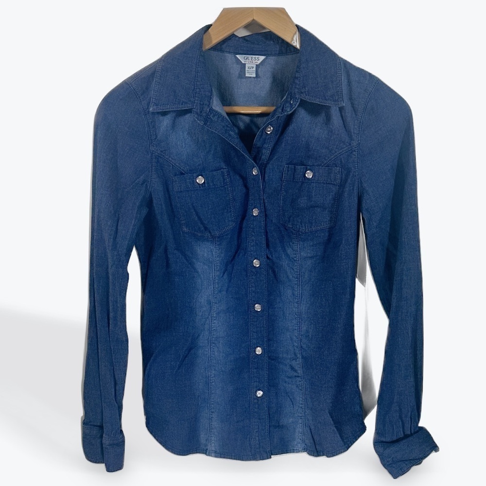 Guess Casual Blue Denim Shirt Silver Buttons Size XS